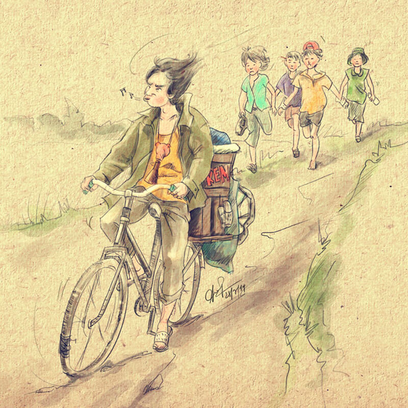 Bức tranh vẽ hình ảnh lũ trẻ con chạy theo xe bán kem mút gợi nhớ tuổi thơ của nhiều người.