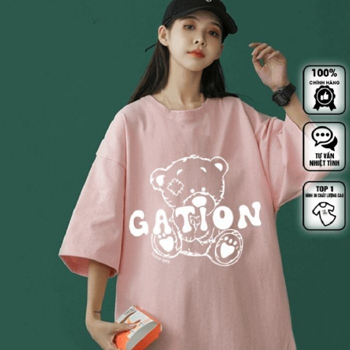 Mẫu áo thun oversize gấu Gation màu hồng