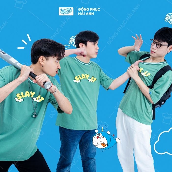 Bst áo simple lớp Doraemon - mẫu áo Xeko mỏ nhọn với gam màu xanh rêu
