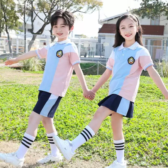 Mẫu áo đồng phục học sinh cấp 1 màu xanh phối hồng