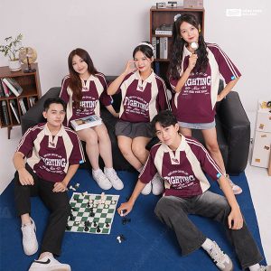 Thiết kế áo lớp polo oversize Cheerful màu đỏ mận phối kem cheese