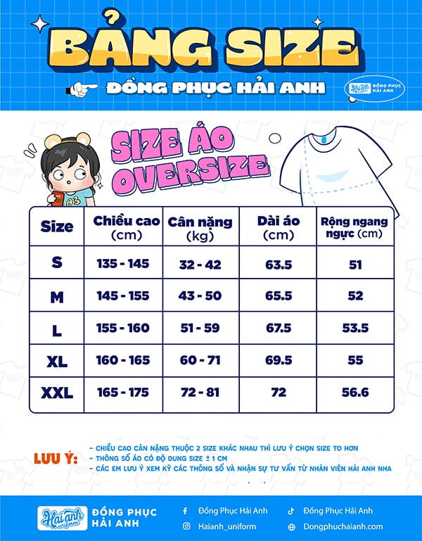 Bảng size áo form Oversize