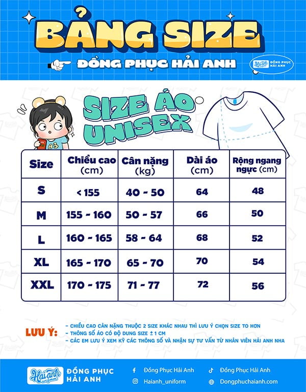 Bảng size áo form Unisex